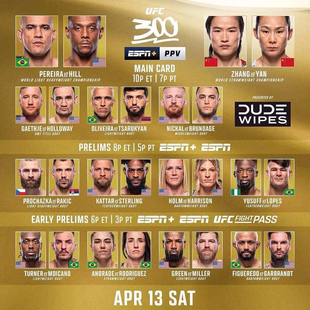 Official UFC 300 fight card schedule poster featuring Pereira vs. Hill.